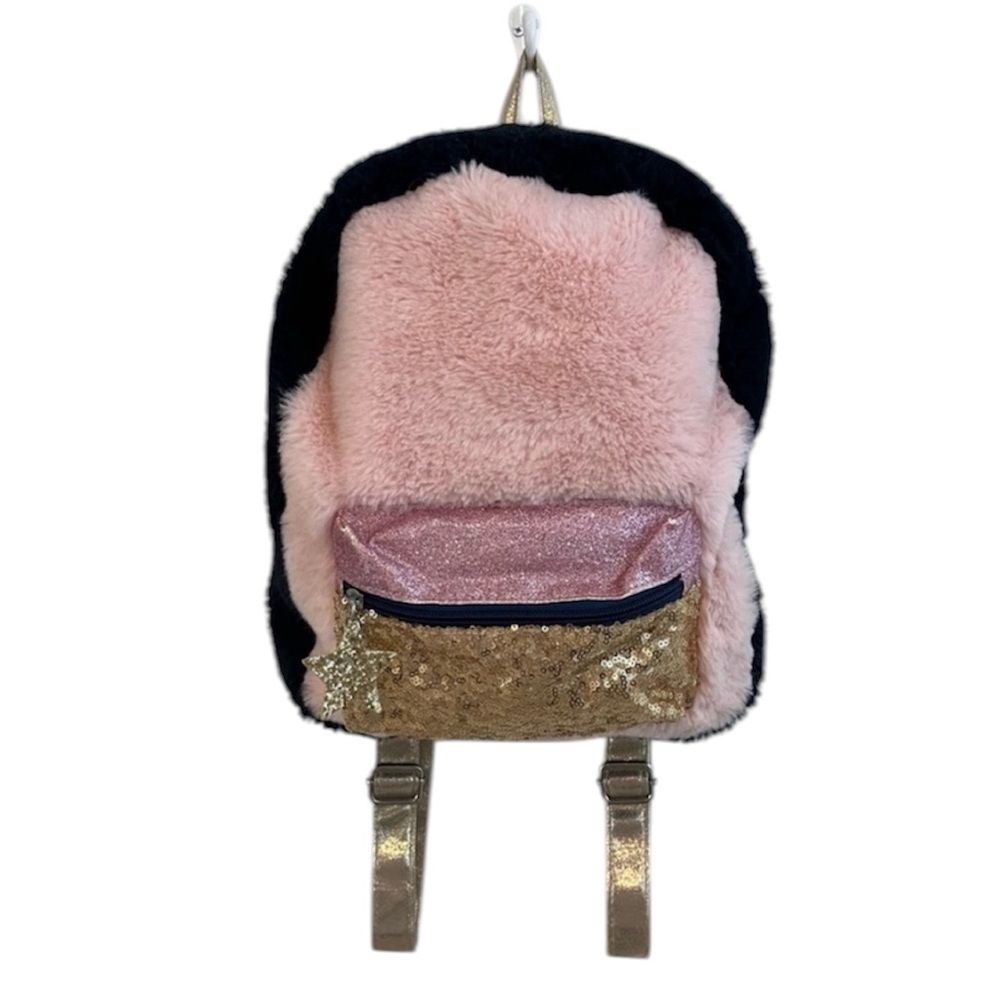 ❤️🆕 CAT & JACK Kids Plush Pink and navy  Backpack with Gold Sequin Pocket NWT